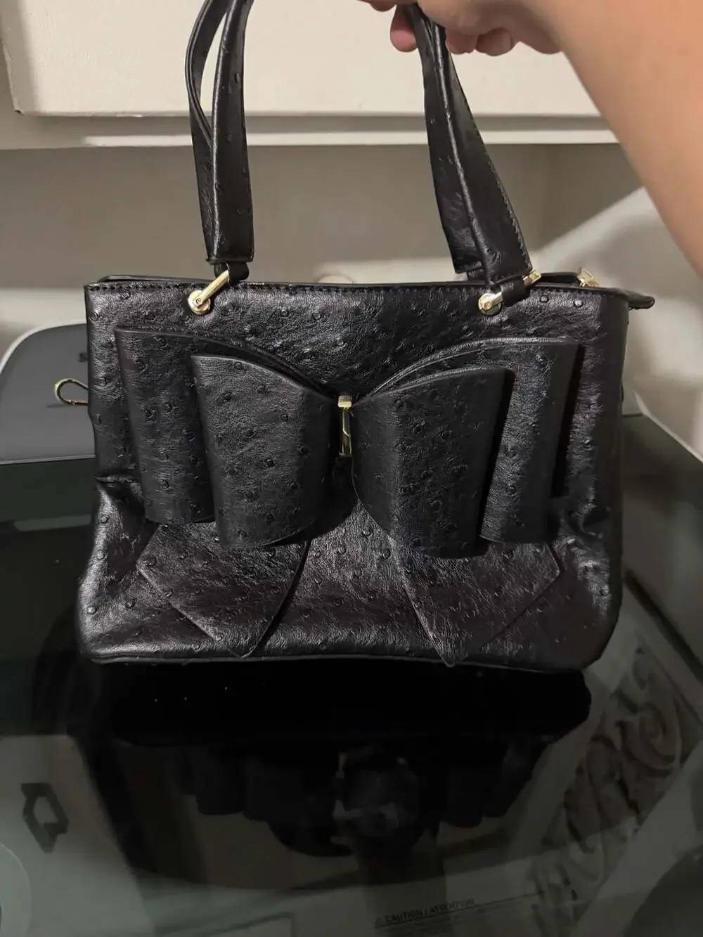 New Crossi Black Faux Leather Ostrich Bow Satchel Handbag